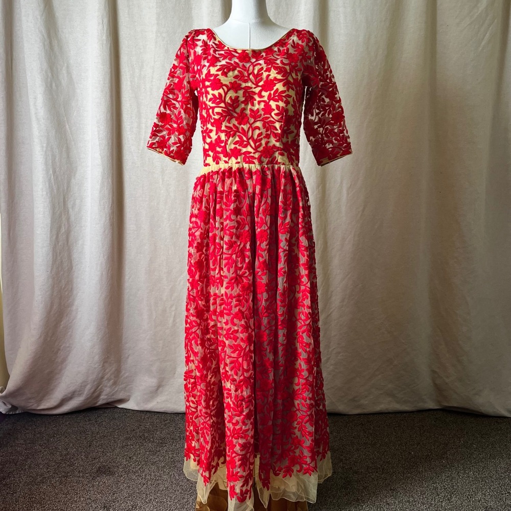 Red Floral Embroidered Mesh Handmade Formal Gown Nude Lined Medium